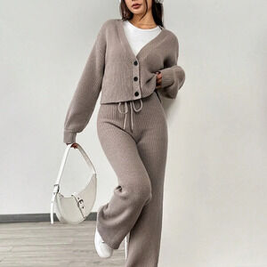 Solid Color Long Sleeves Knitwear Cardigan Two Pieces Set